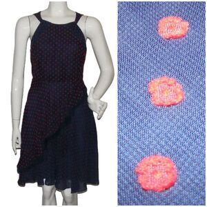 EVA FRANCO Dress, 6, Blue, Red Swiss Dots, Ruffled, Sleeveless, Keyhole back